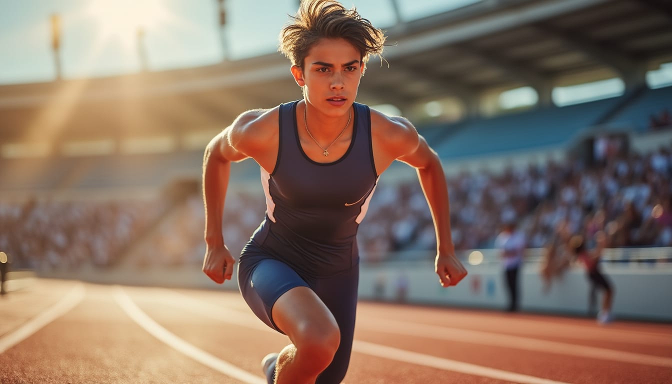 Jeune athlete en position de sprint sur une piste d'athletisme au soleil couchant