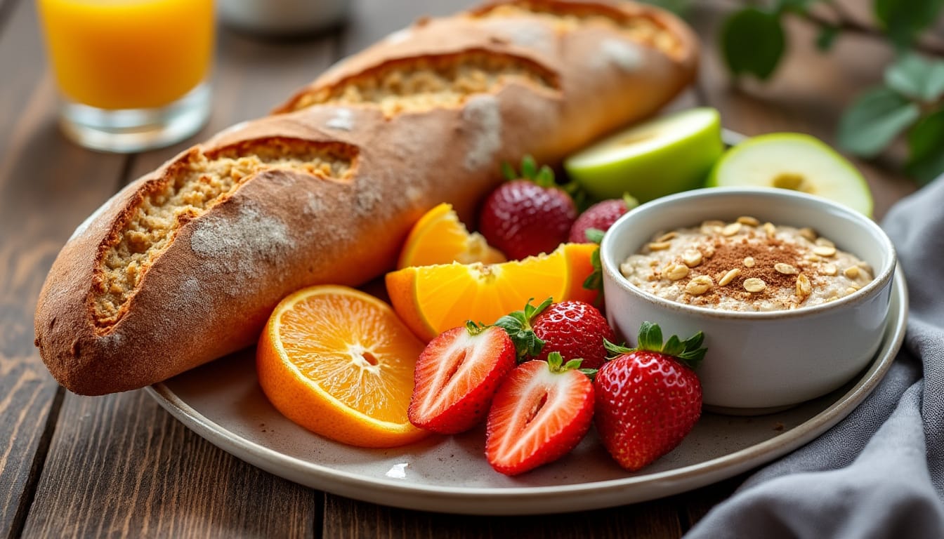 Petit-dejeuner equilibre avec pain complet, fraises, orange, porridge et jus d'orange