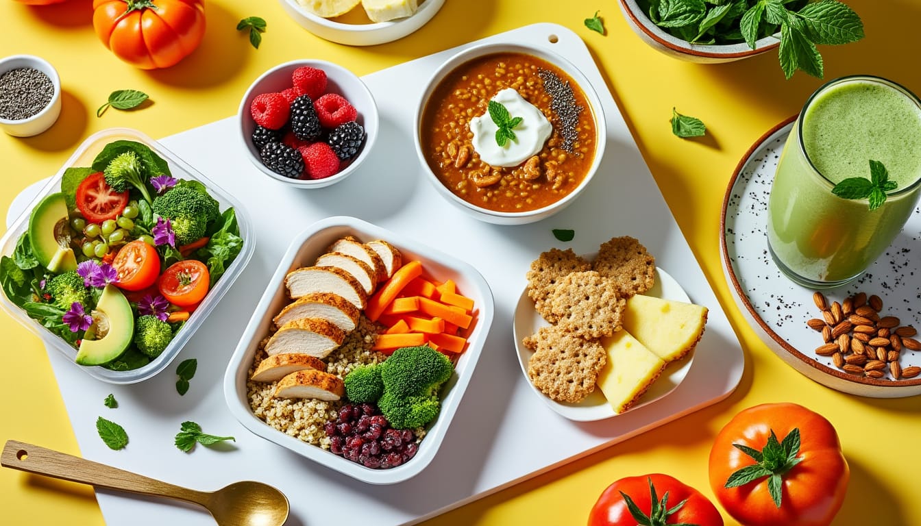 Repas varies et colores : salade, poulet quinoa, soupe de lentilles, smoothie vert et fruits rouges