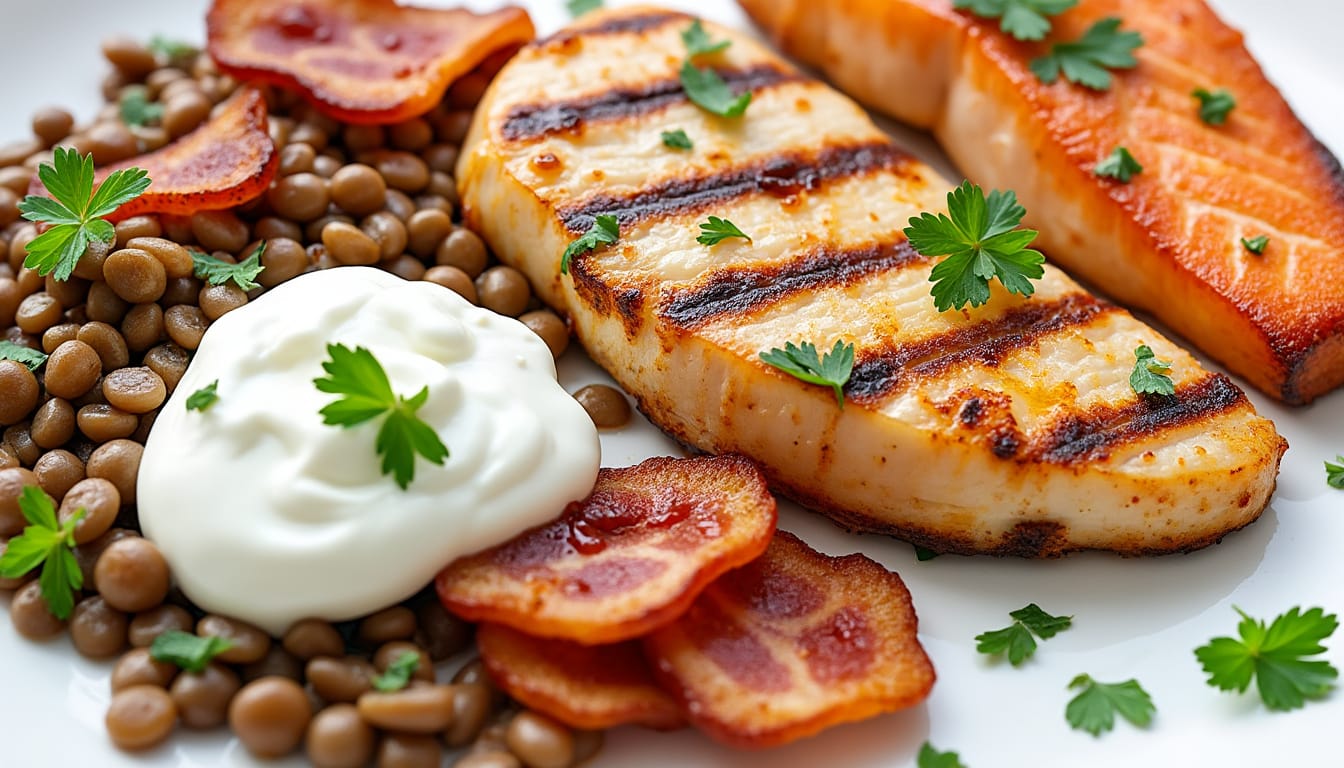 Assiette de proteines grillees : poulet, saumon et lentilles avec sauce blanche et persil