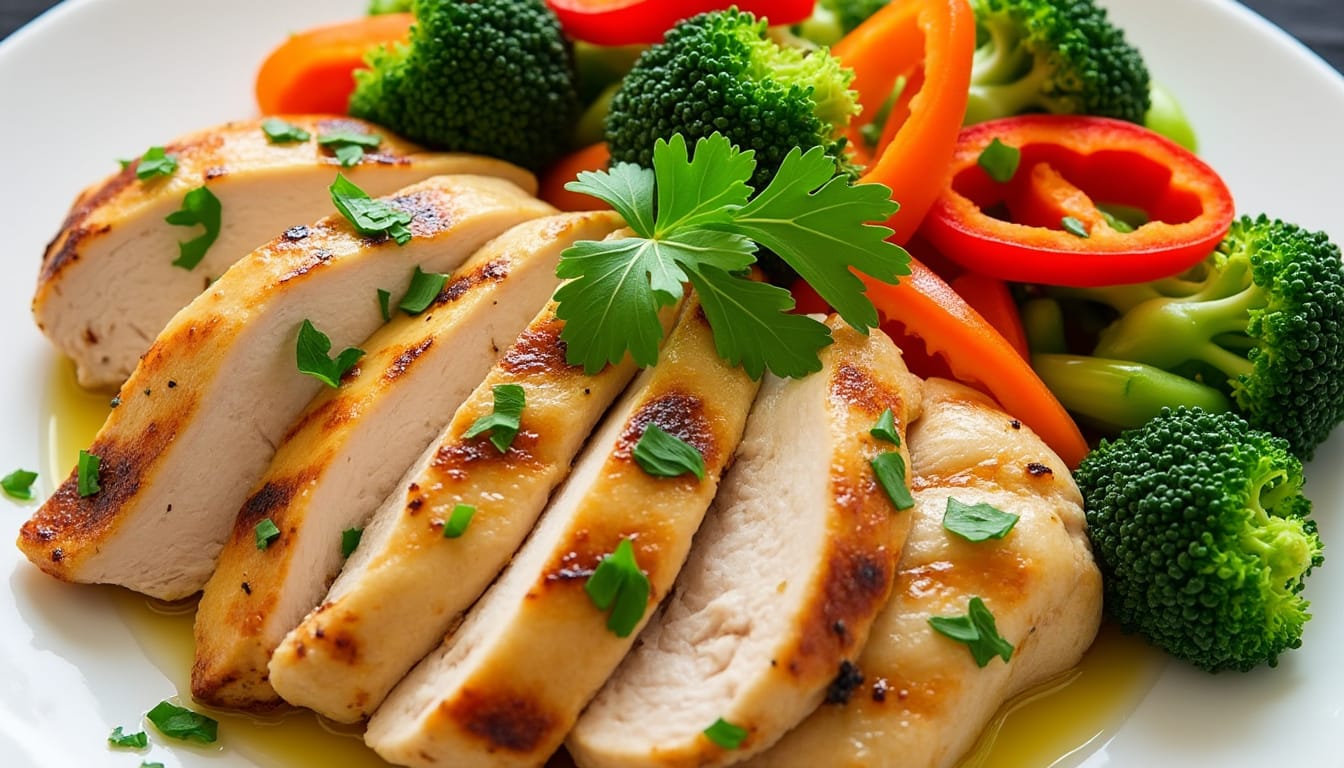 Blanc de poulet tranche avec brocolis et poivrons rouges sur une assiette