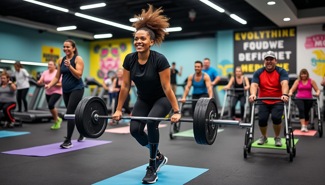 Femme soulevant une barre d'halteres dans une salle de sport coloree et animee