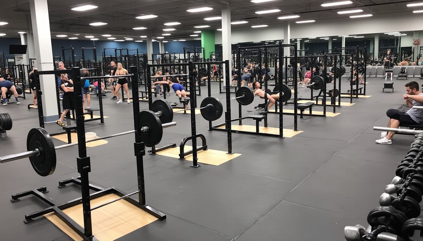Grande salle de musculation avec barres, racks de squat et halteres, plusieurs pratiquants