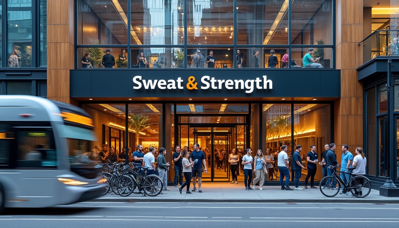 Facade moderne d'une salle de sport avec passants et velos gares sur le trottoir