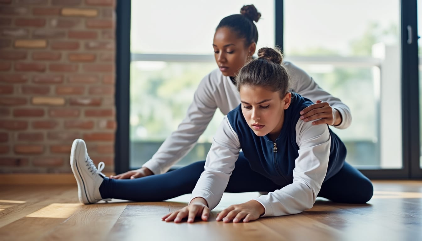 Coach aidant une femme a realiser un etirement au sol dans un studio lumineux