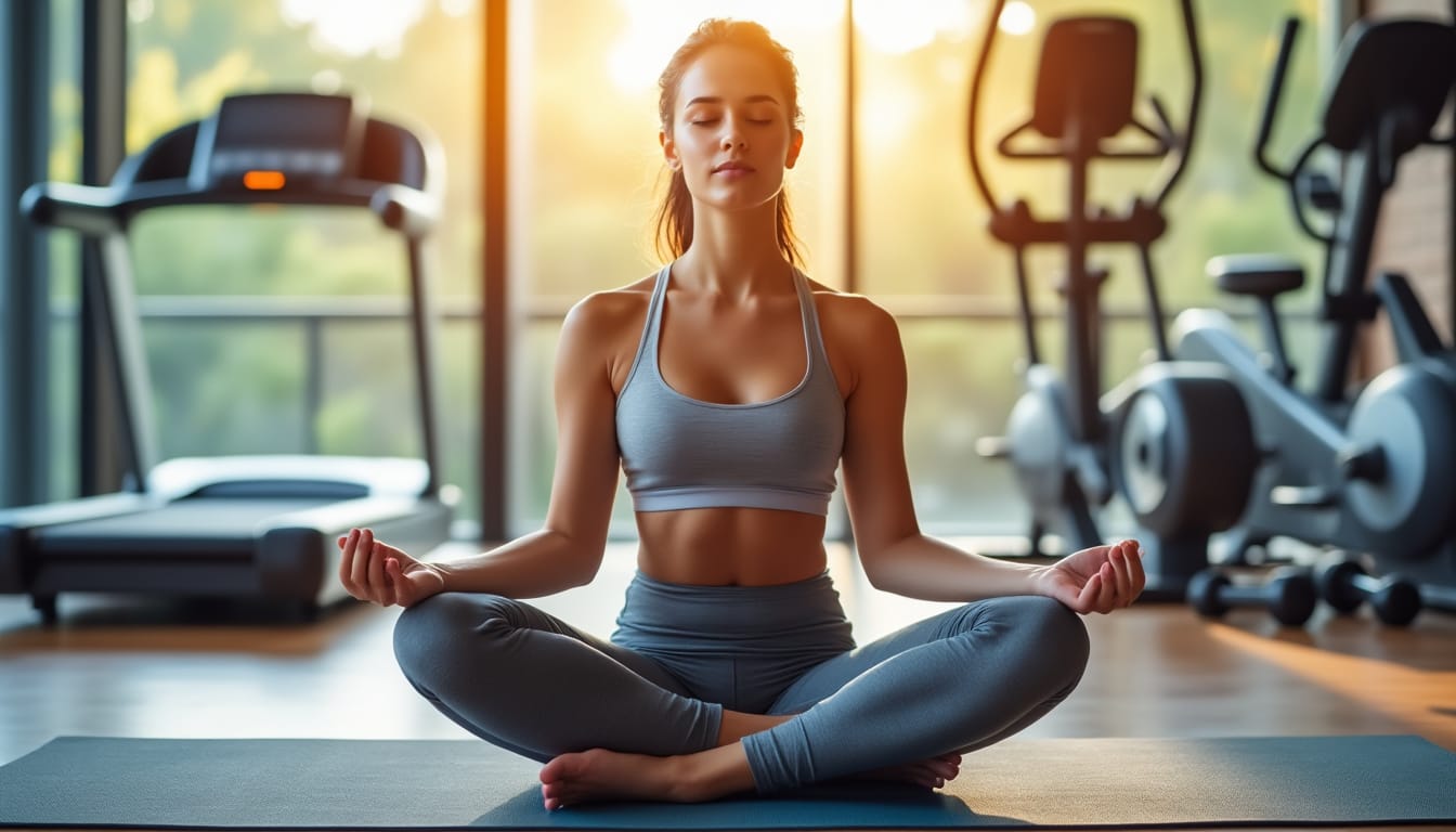 Femme en position de meditation assise en lotus dans une salle de sport au coucher du soleil