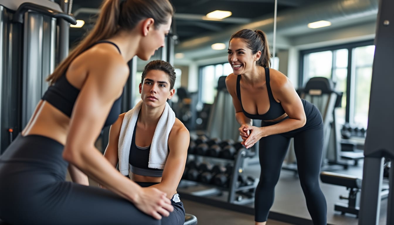Trois personnes discutant entre deux exercices dans une salle de musculation