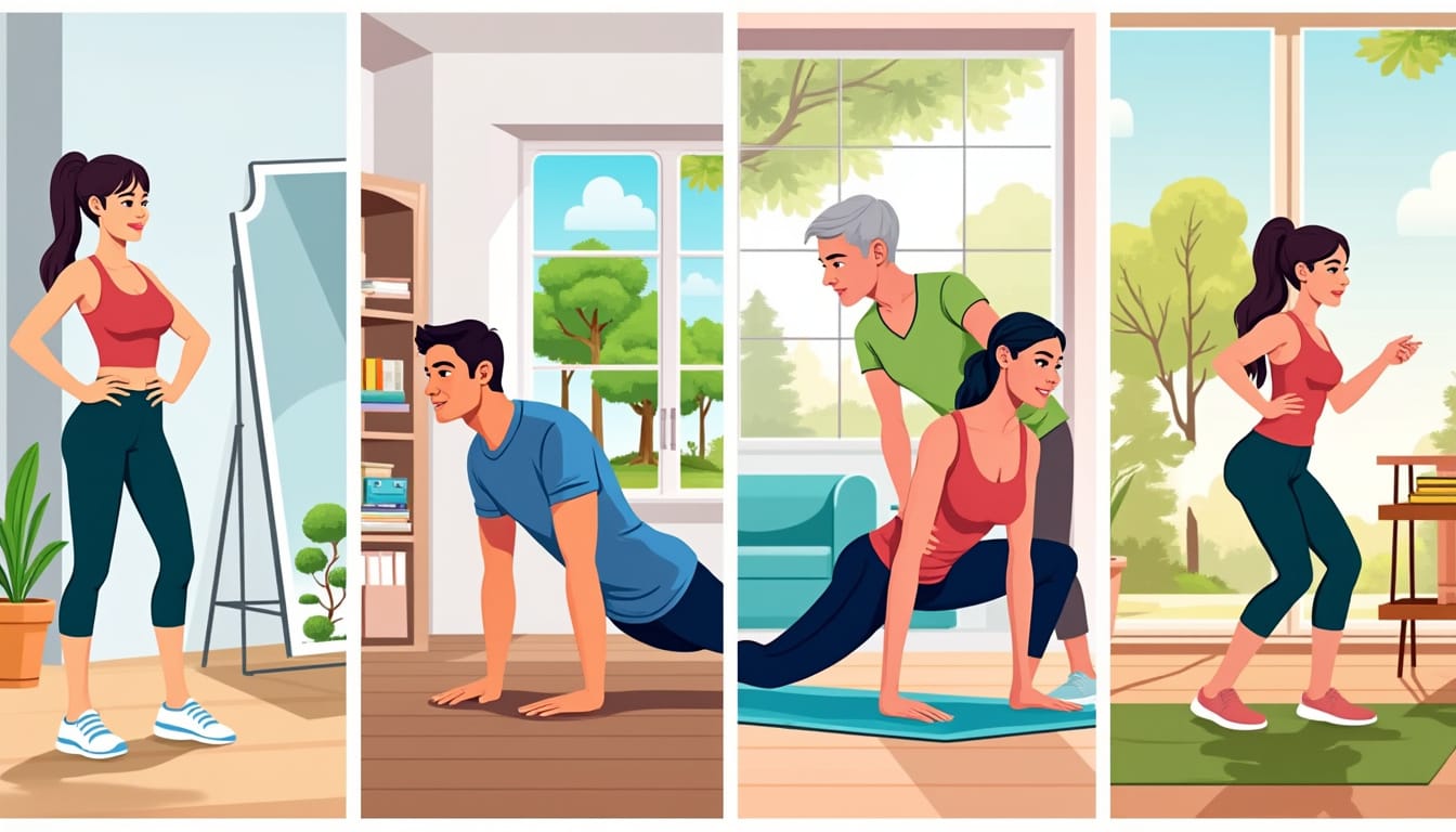 Illustration en quatre panneaux montrant des exercices a faire a la maison en famille