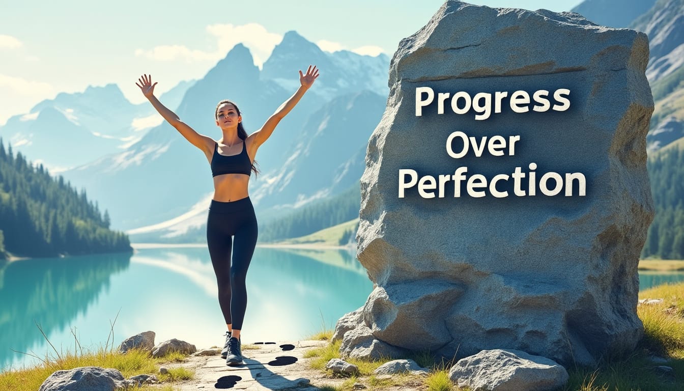 Femme bras leves devant un rocher montagneux avec inscription Progress Over Perfection