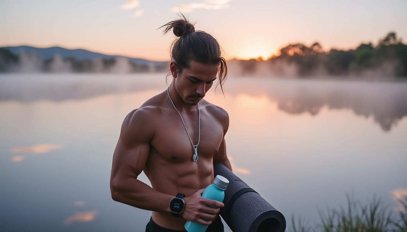 Homme torse nu avec tapis de sport et gourde au bord d'un lac brumeux au lever du jour
