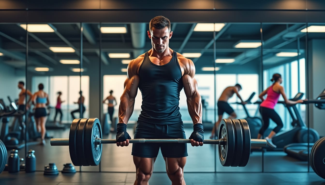 Homme muscle soulevant une barre d'halteres dans une salle avec tapis de course en arriere-plan