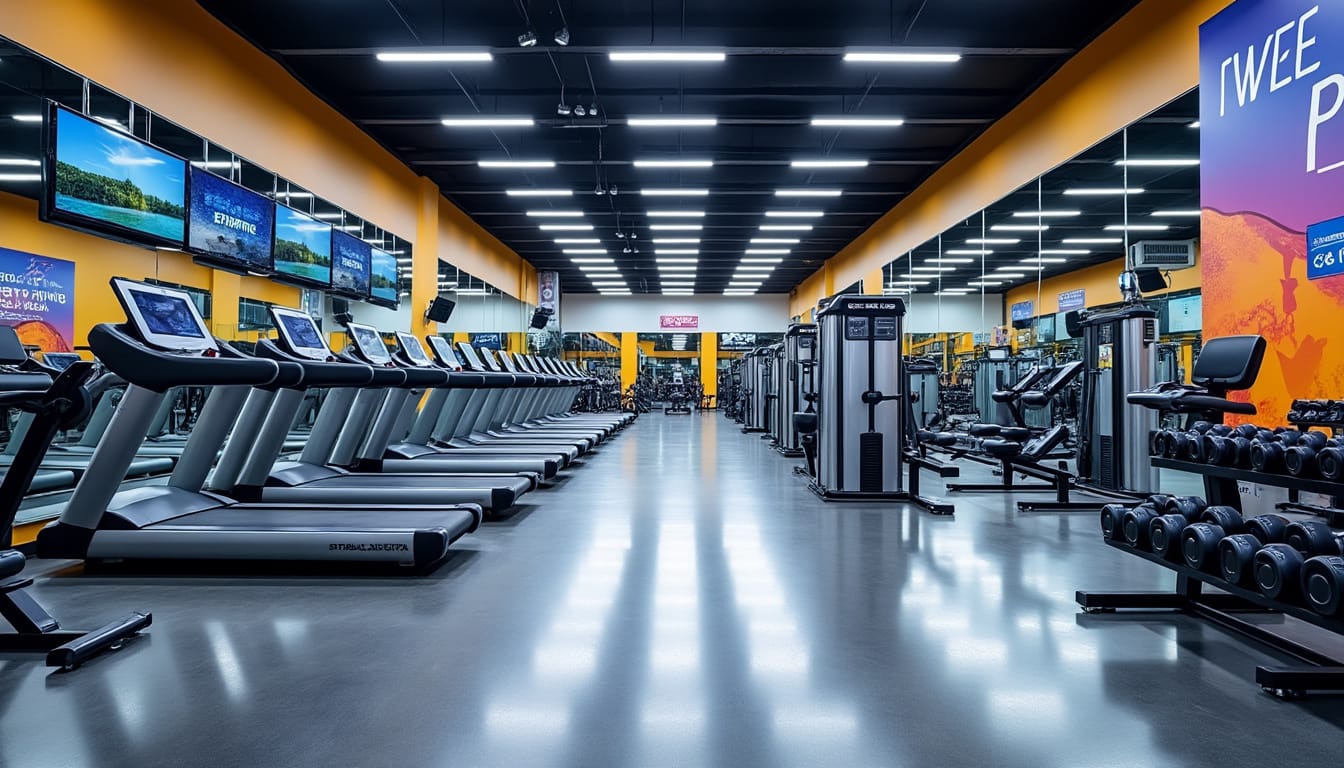 Grande salle de sport avec rangee de tapis de course, ecrans et murs orange