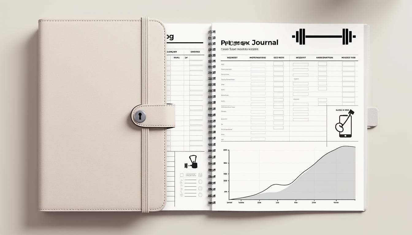 Carnet de suivi d'entrainement ouvert avec tableau d'exercices et graphique de progression