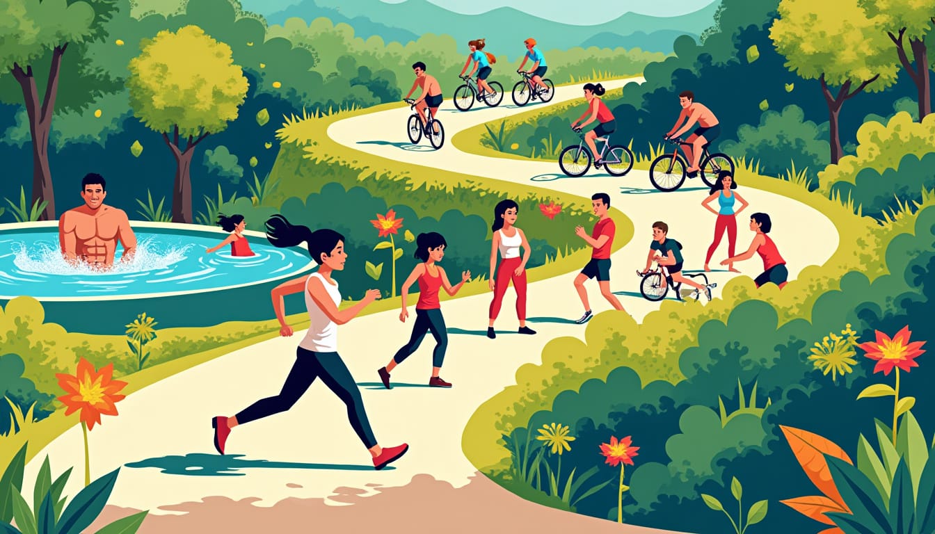 Illustration coloree de personnes courant, nageant et faisant du velo dans un parc
