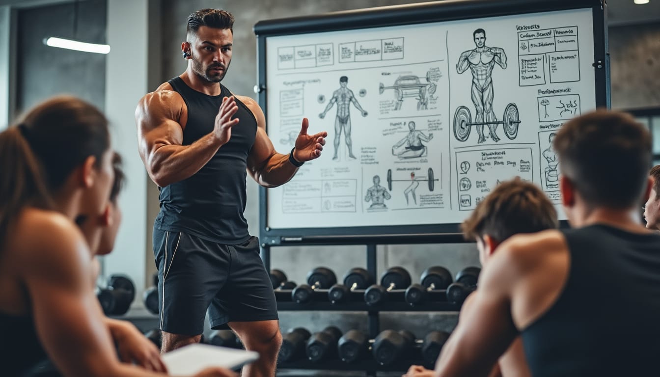 Coach expliquant un programme d'exercices devant un tableau blanc avec schemas anatomiques