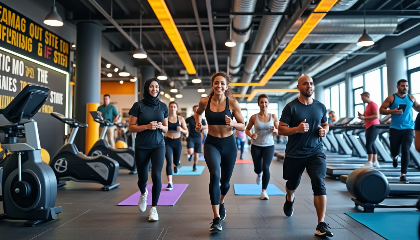Groupe courant ensemble dans une salle de sport moderne avec equipements cardio