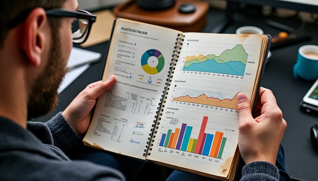 Homme consultant un carnet avec graphiques et statistiques de performance colores