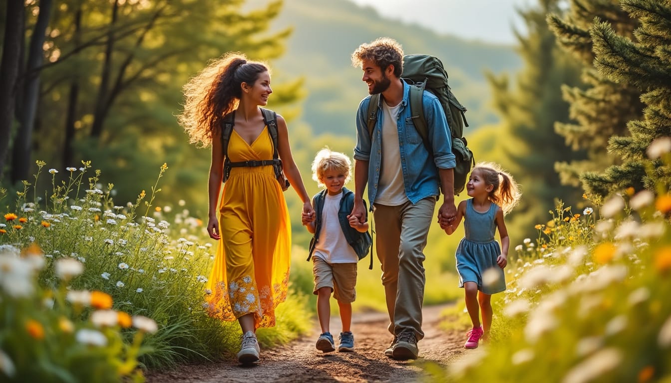 Famille avec deux enfants en randonnee sur un sentier fleuri en pleine nature