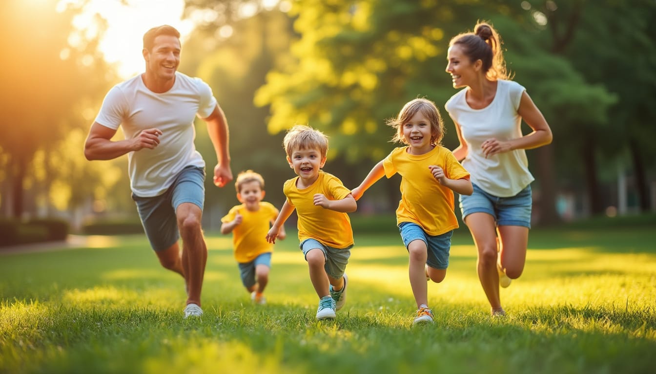 Famille courant ensemble dans un parc verdoyant au soleil couchant