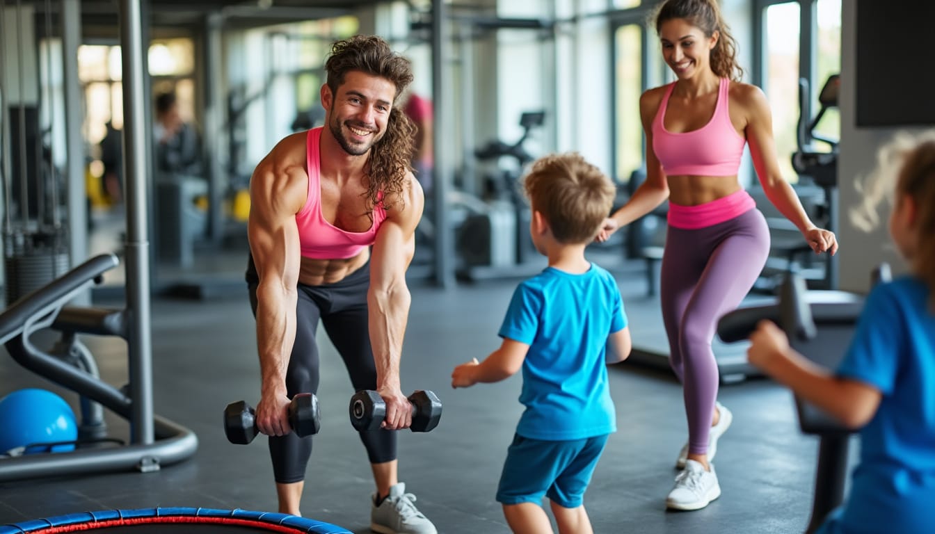 Parents avec enfants faisant du sport ensemble dans une salle de fitness
