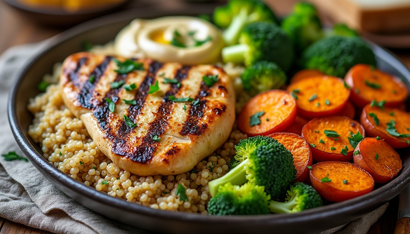 Poulet grille sur lit de quinoa avec carottes roties, brocolis et houmous