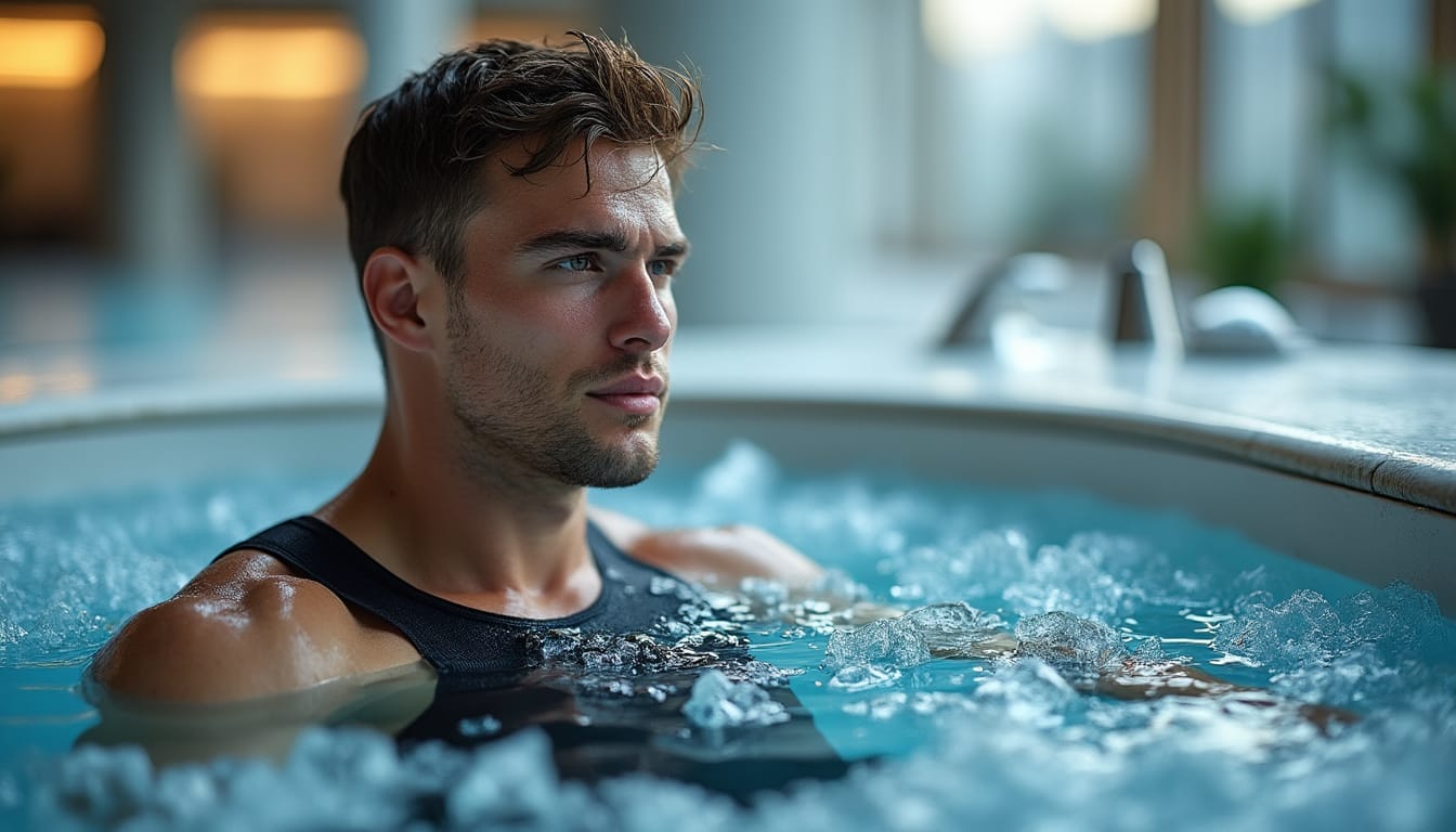 Homme immerge dans un bain d'eau froide glacee pour la recuperation musculaire
