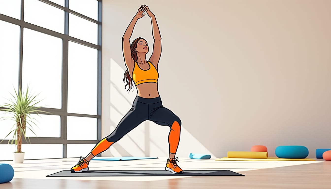 Illustration d'une femme en tenue de sport faisant un etirement en fente dans un studio