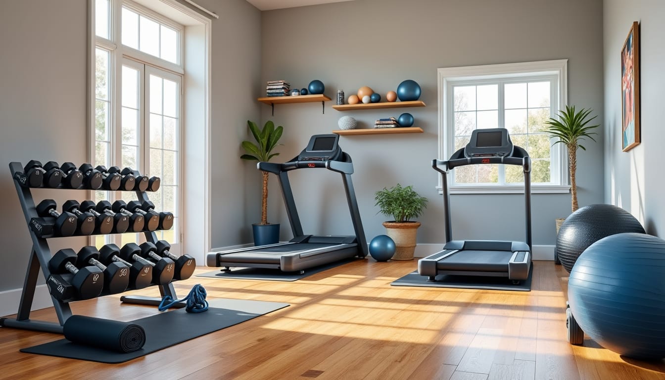 Salle de sport a domicile avec rack d'halteres, deux tapis de course et ballon de gym