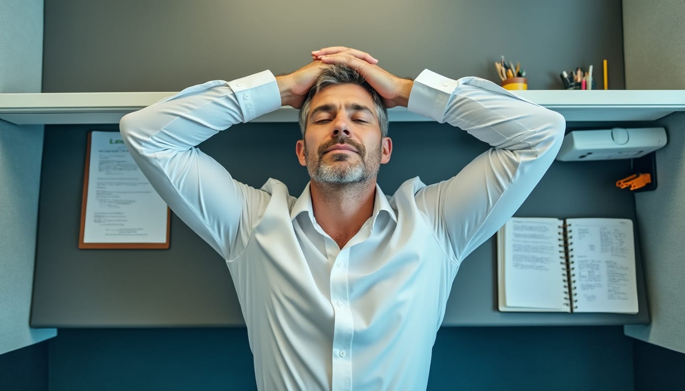 Homme en chemise s'etirant a son bureau, mains derriere la tete, yeux fermes