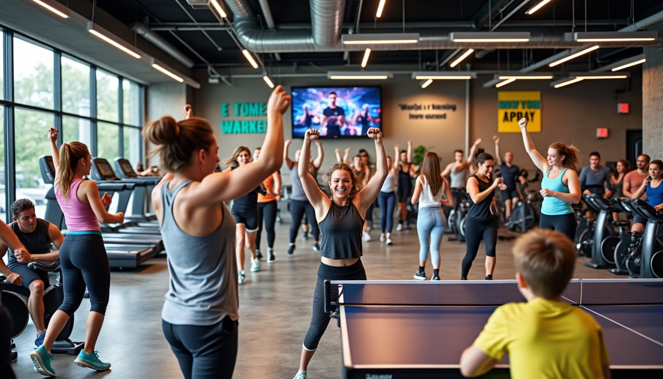 Ambiance animee dans une grande salle de sport avec cours collectif et tennis de table