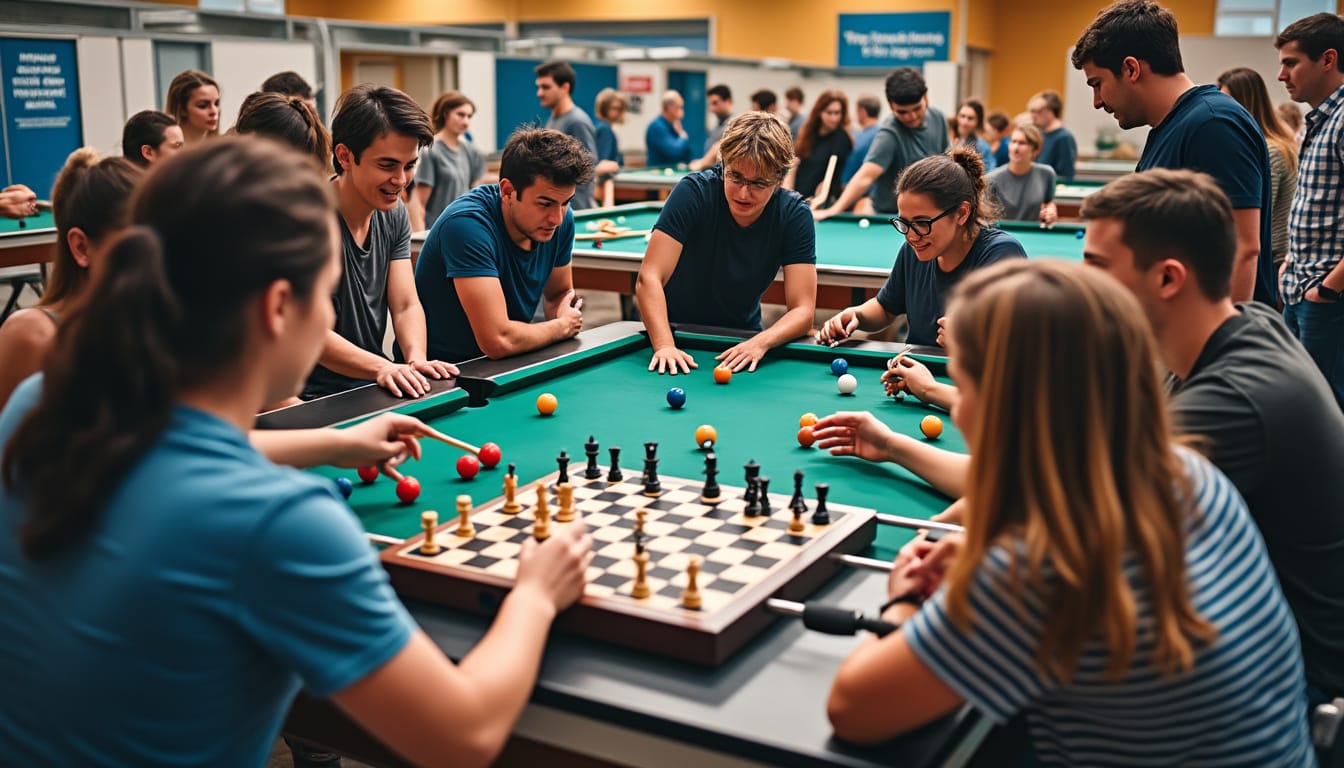 Jeunes autour d'une table de billard et d'un jeu d'echecs dans une salle de loisirs