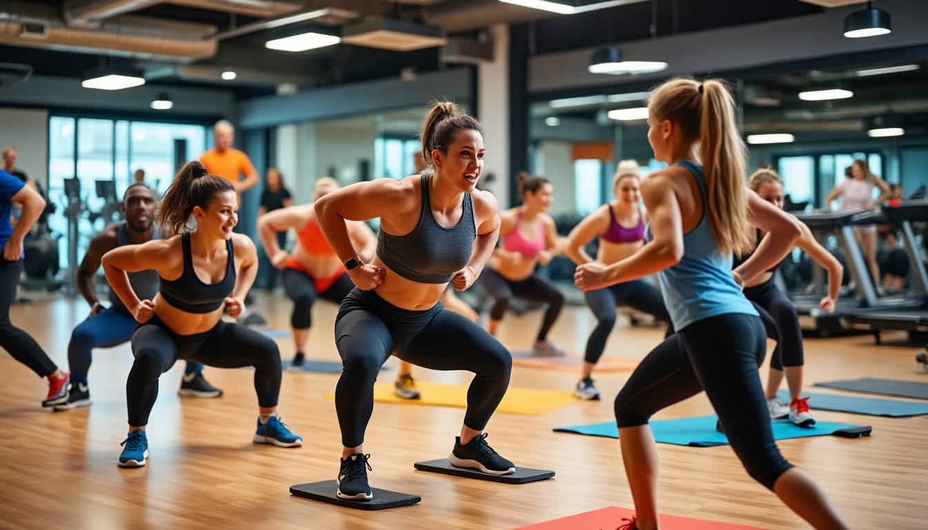 Groupe diversifie faisant du sport ensemble dans une salle avec barres et tapis