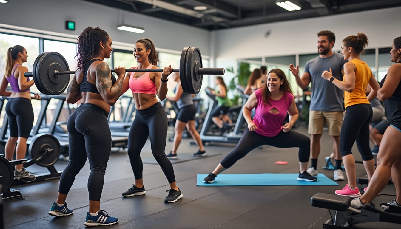 Groupe diversifie s'entrainant avec barres et tapis dans une salle de sport moderne