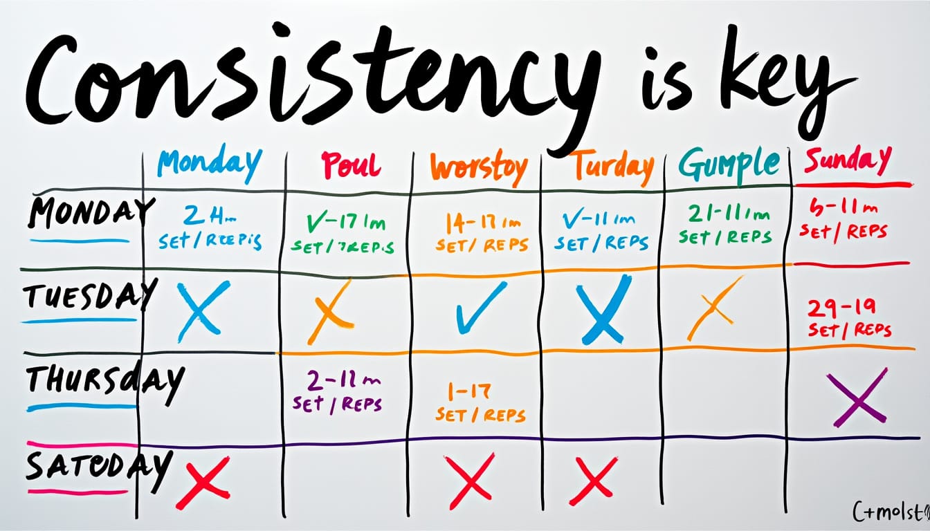 Tableau blanc avec planning hebdomadaire d'entrainement et inscription Consistency is key