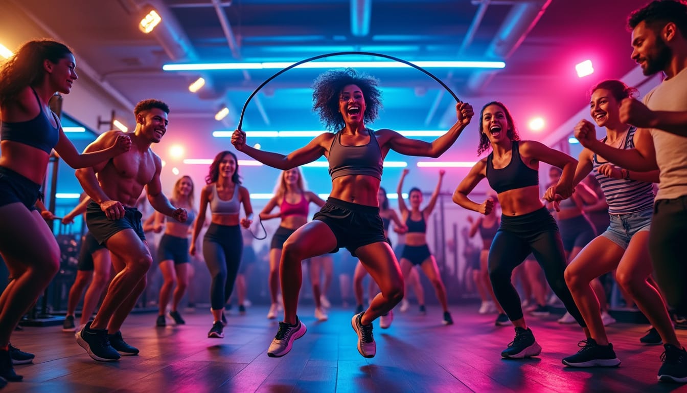 Femme sautant a la corde dans une salle de sport aux neons bleus et roses entouree de sportifs