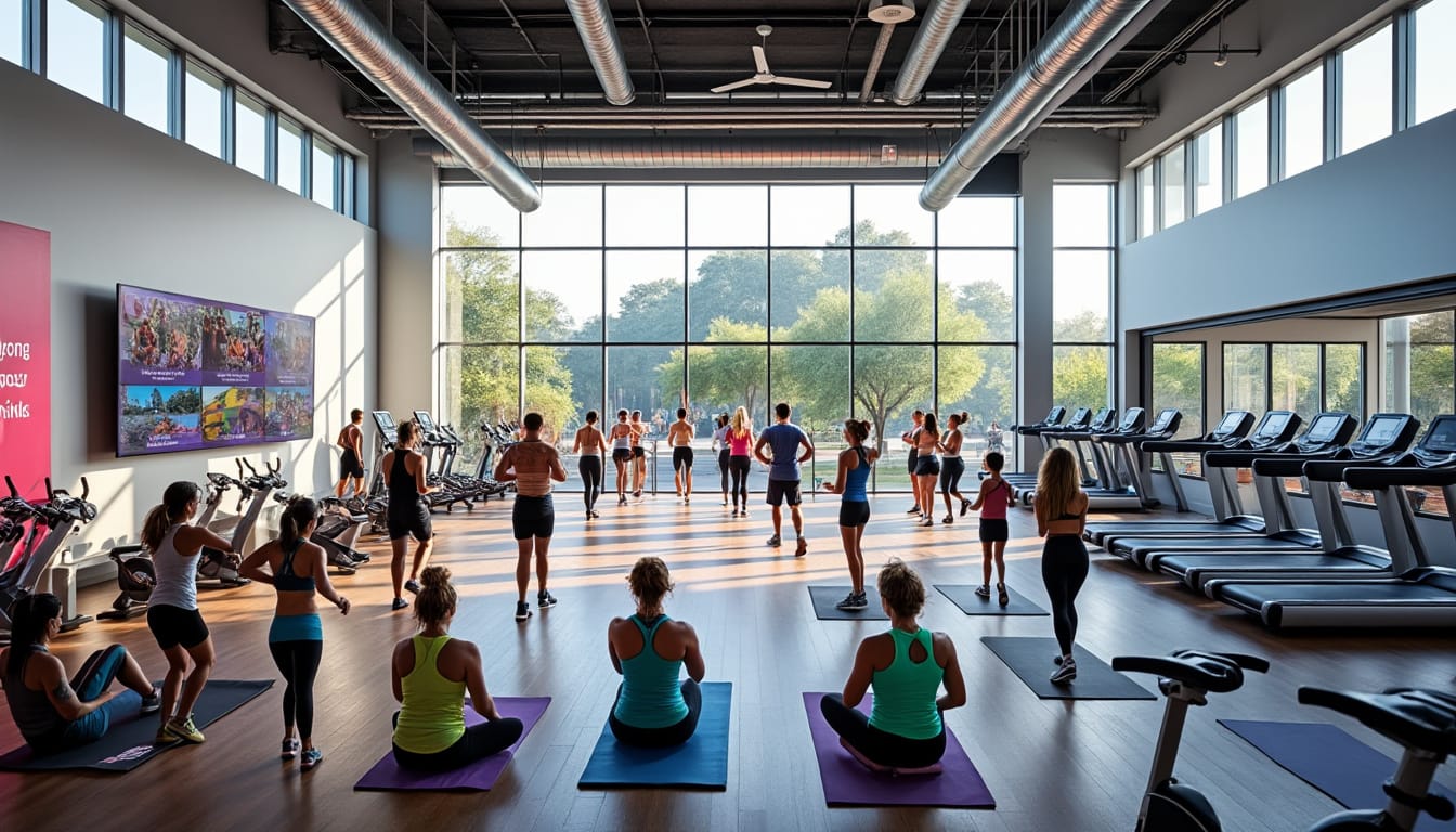 Grande salle de sport lumineuse avec cours collectif, tapis de course et tapis au sol