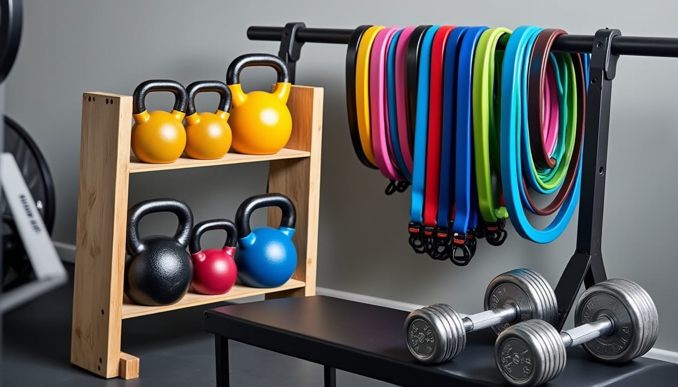Kettlebells colores sur un rack et bandes elastiques avec halteres dans une salle de sport