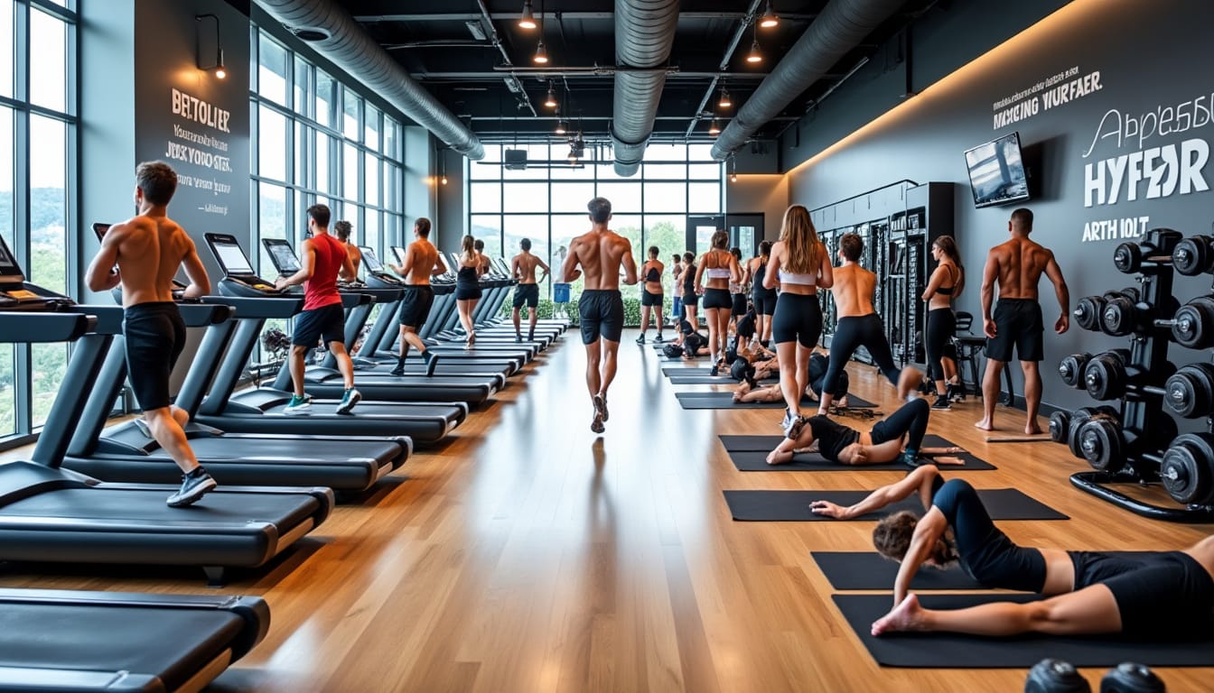 Salle de sport moderne avec tapis de course, pratiquants courant et s'etirant au sol