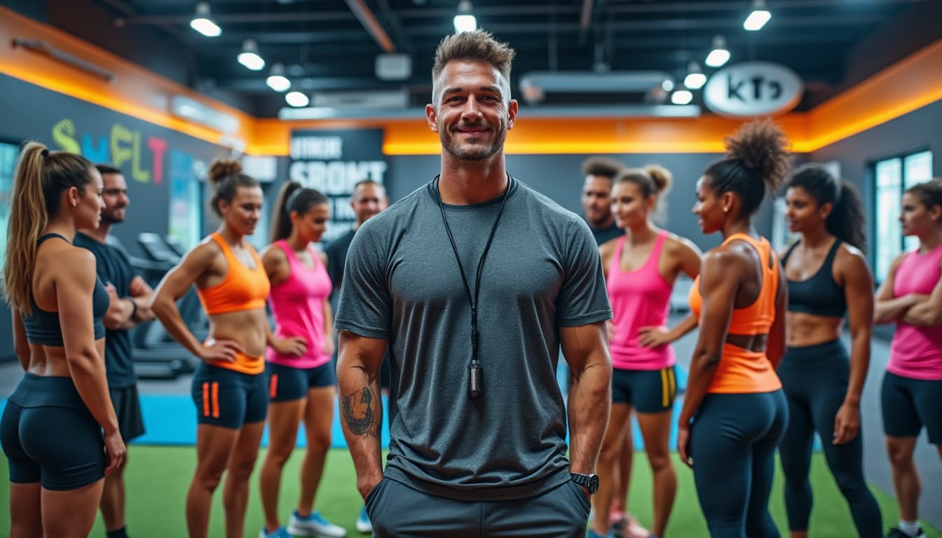 Coach avec sifflet debout devant un groupe de sportifs dans une salle de fitness
