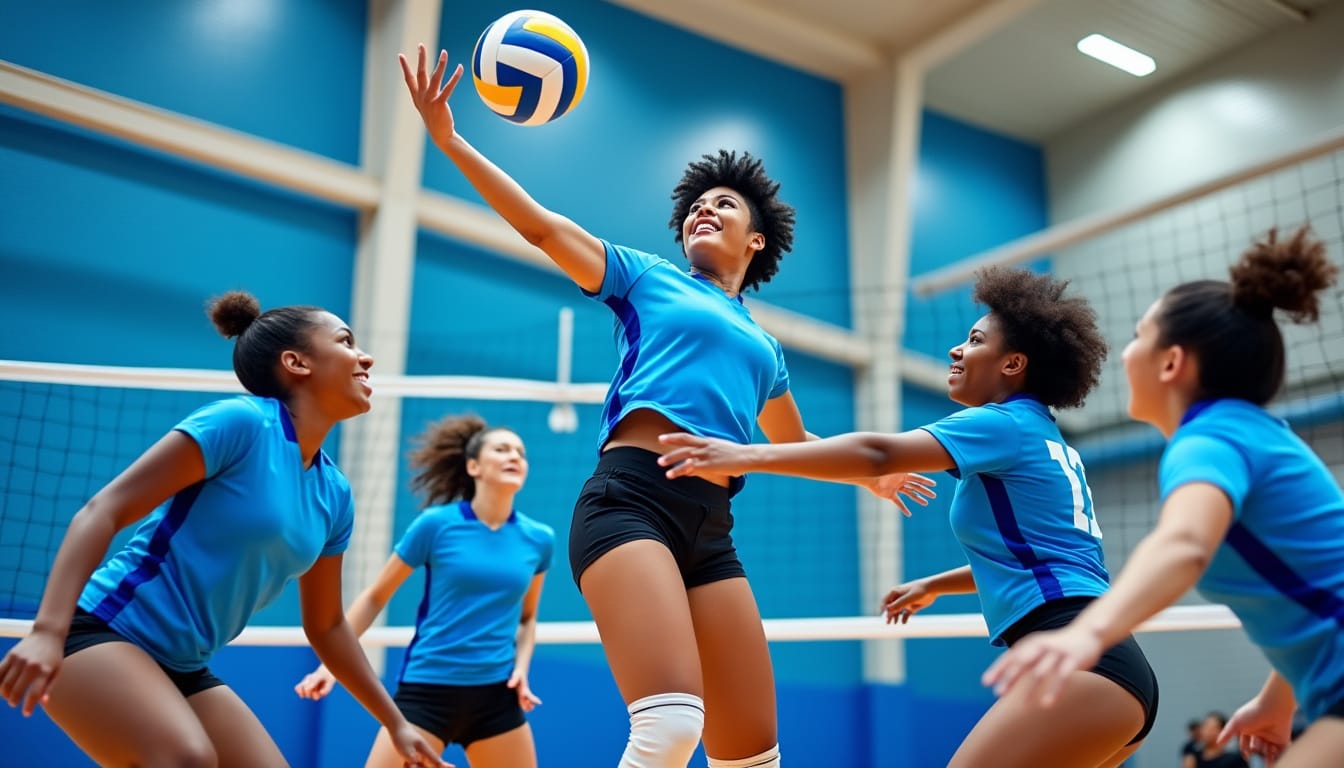 Joueuses de volley-ball en maillot bleu en action au filet dans un gymnase