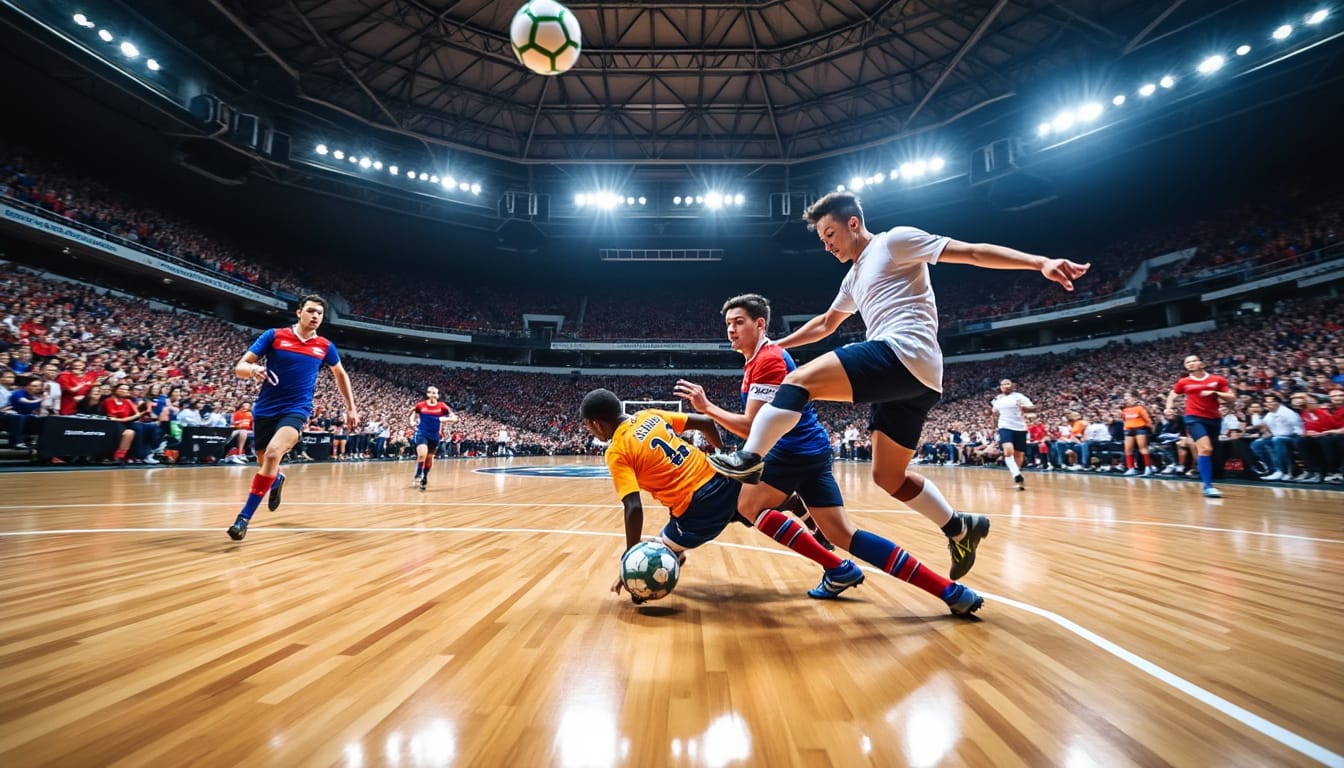 Match de futsal intense dans un grand gymnase avec joueurs en duel devant le public