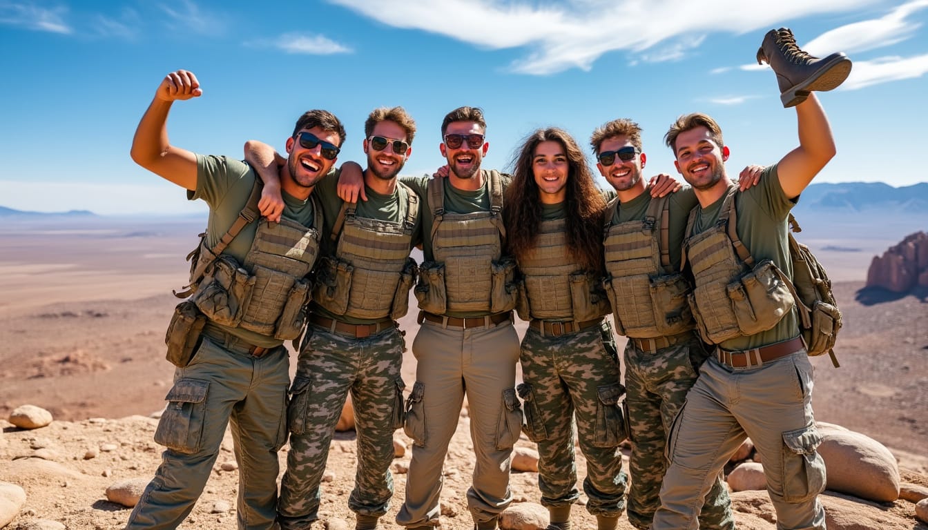 Groupe d'amis en tenue militaire posant bras dessus bras dessous dans un desert