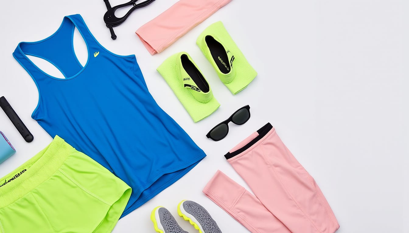 Tenue de sport coloree a plat : debardeur bleu, short vert, chaussures et lunettes de soleil