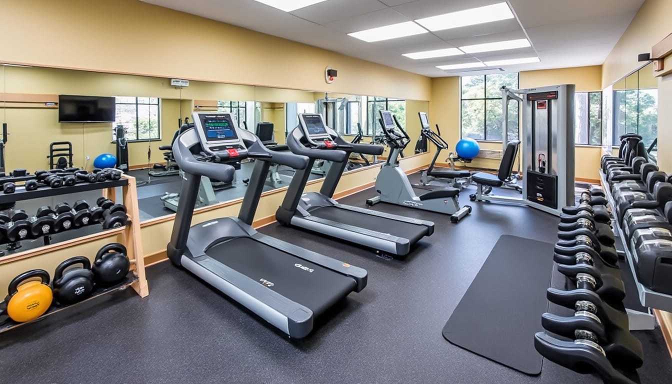 Petite salle de sport equipee avec tapis de course, halteres, kettlebells et miroirs