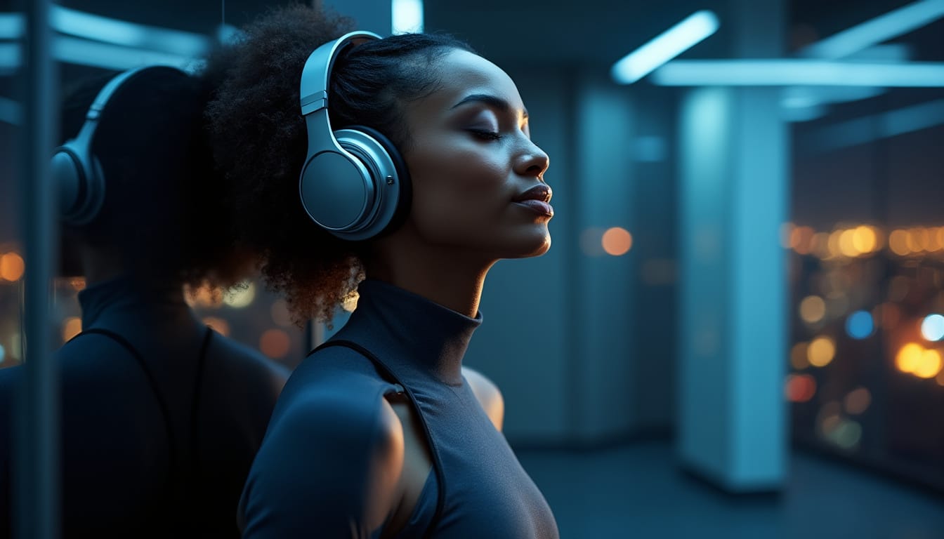 Femme avec casque audio les yeux fermes dans une ambiance sombre et bleutee