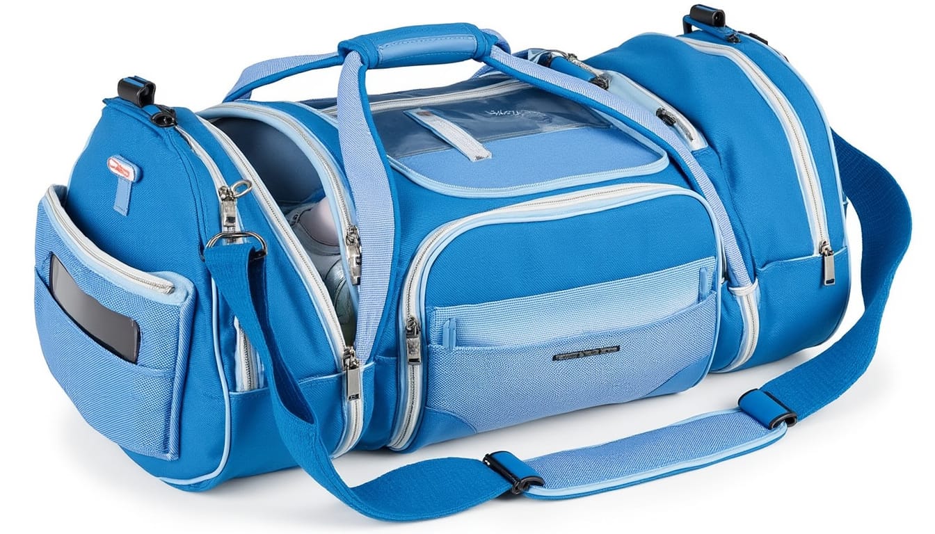 Sac de sport bleu avec plusieurs compartiments et poches zippees
