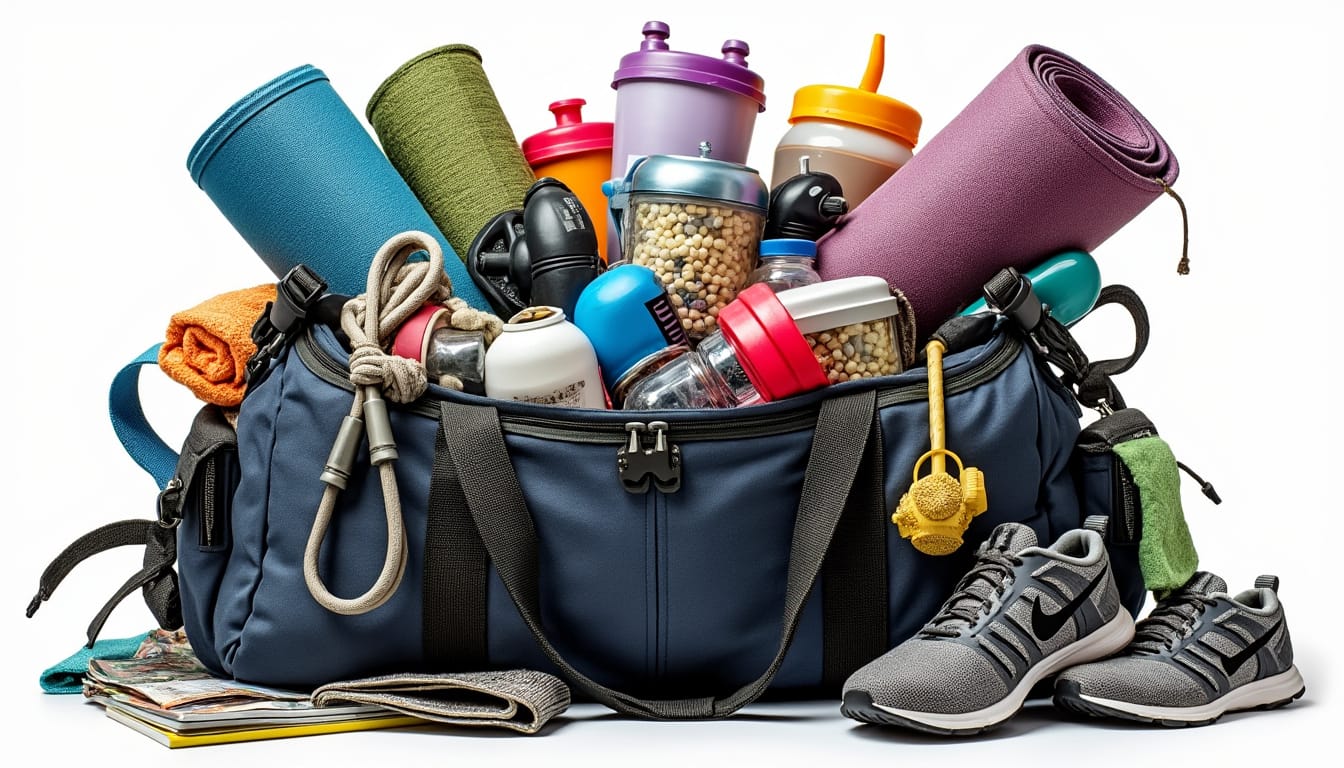 Sac de sport ouvert rempli de tapis, gourdes, baskets et accessoires d'entrainement