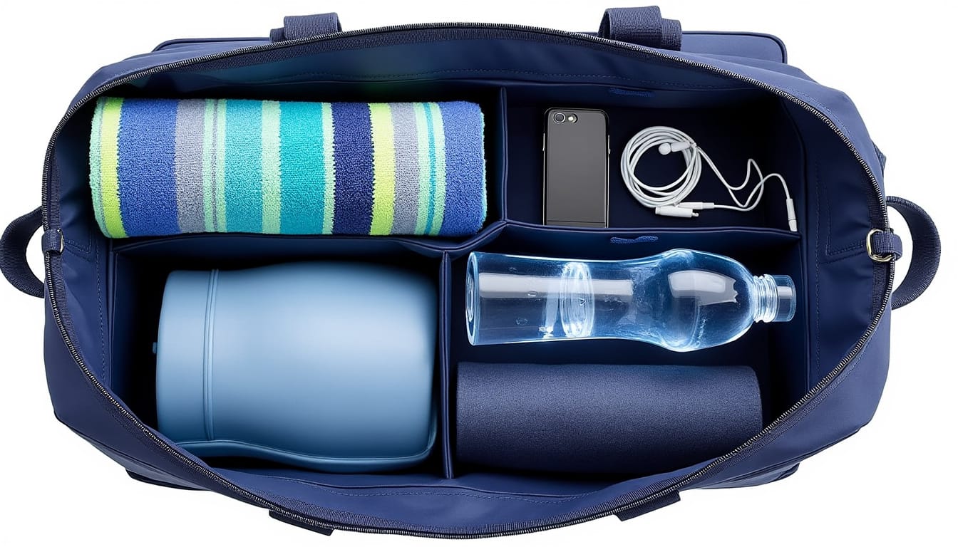 Sac de sport ouvert vu du dessus avec serviette, bouteille d'eau, telephone et ecouteurs