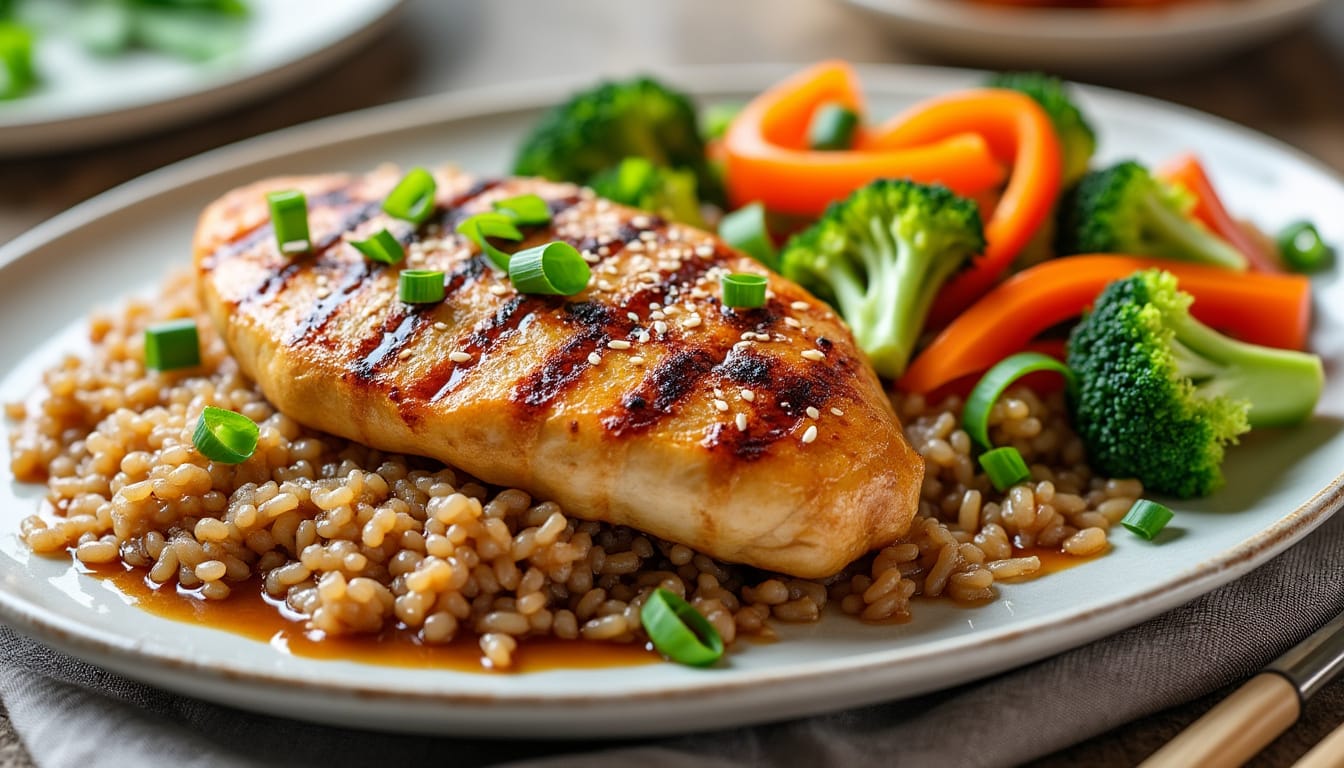 Poulet grille au sesame sur riz complet avec brocolis et carottes