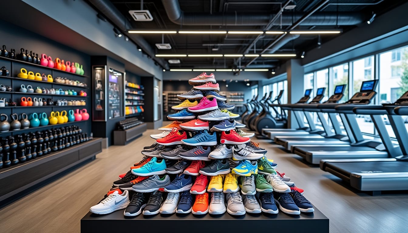 Pyramide de chaussures de sport colorees dans une salle avec kettlebells et tapis de course